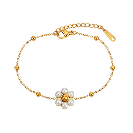Gold Plated Stainless Steel Thin Cable Chain Bracelet, Pearl Daisy Flower Charm & Polished Metal Spacer Beads, Adjustable