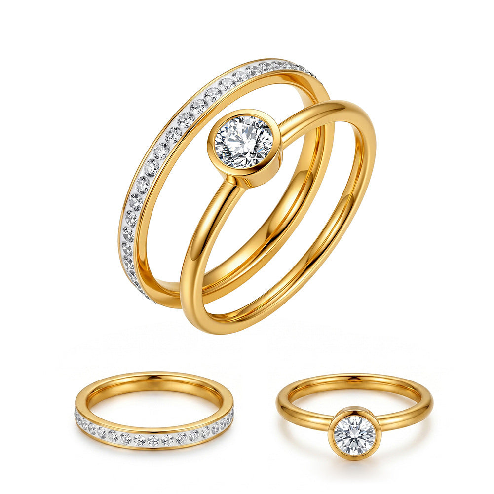 Gold Plated Stainless Steel Stacking Ring Set, Bezel Set Round CZ and Tiny CZ Eternity Band