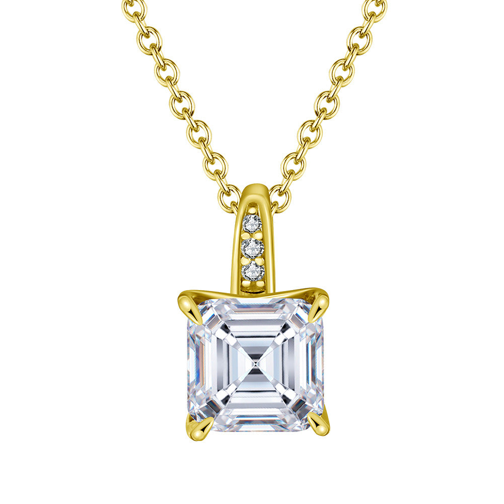 Gold Stainless Steel Square Emerald Cut Cubic Zirconia Pendant Necklace, 4 Prong Setting Round Cable Chain