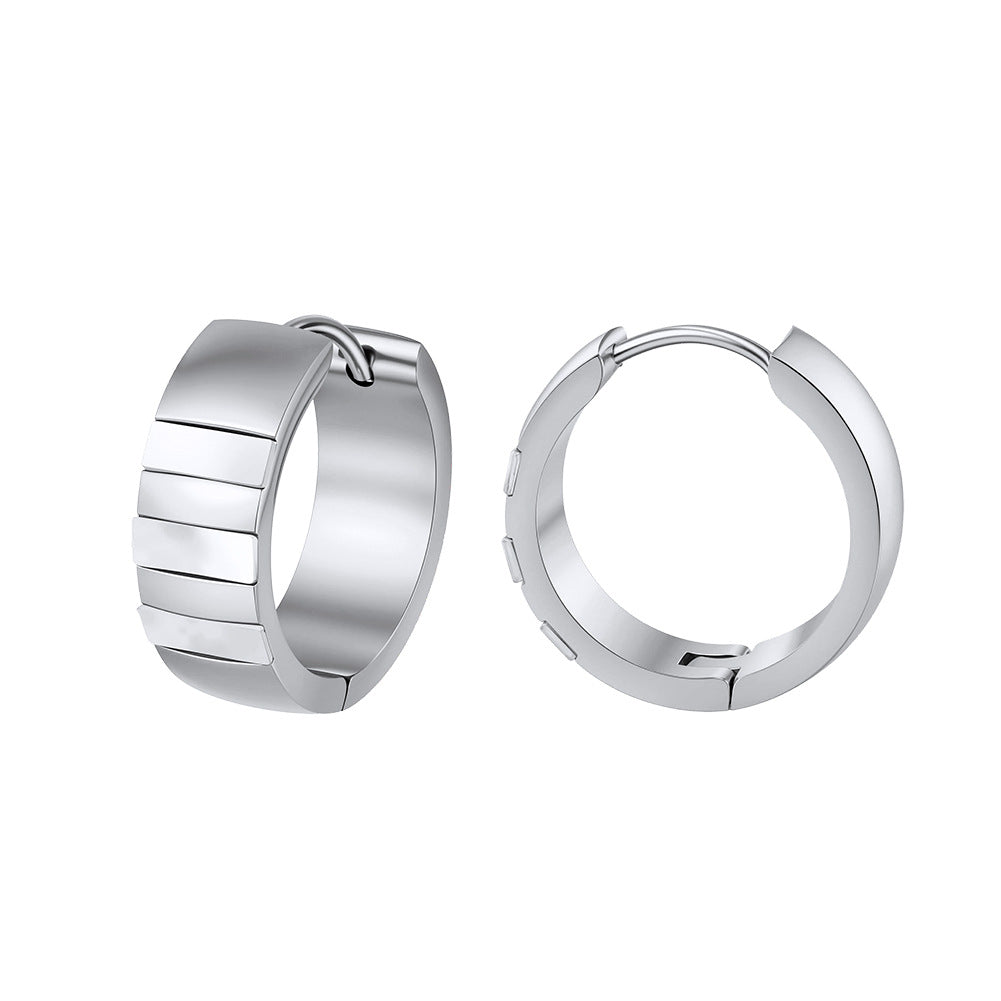 Silver Stainless Steel Chunky Multi Grooved Segment Huggie Hoop Earrings