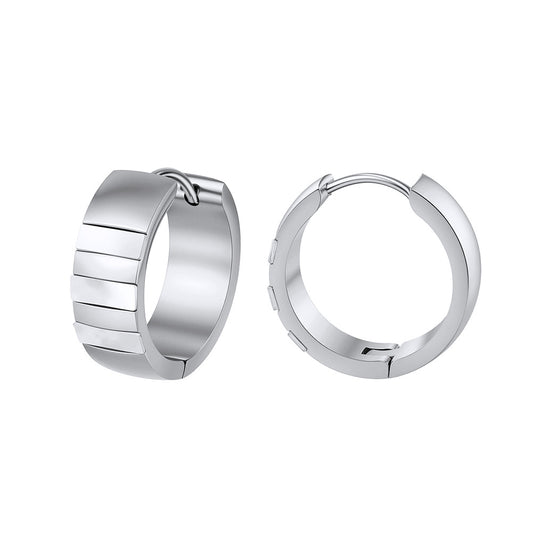 Silver Stainless Steel Chunky Multi Grooved Segment Huggie Hoop Earrings