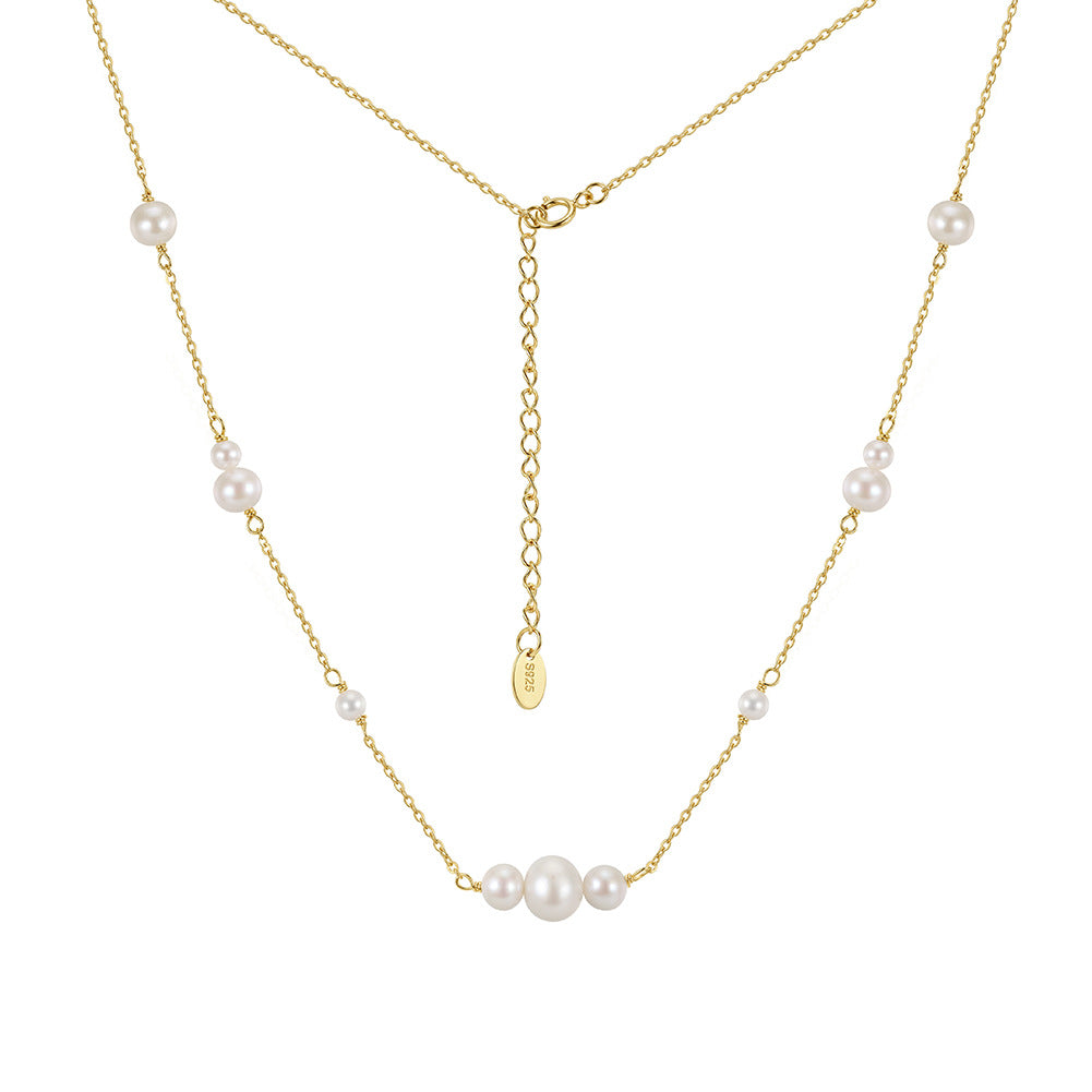 Dainty Graduated Lustrous Freshwater Pearl Station Necklace, Multi-size Glossy White Cultured Pearls S925 Silver Chain