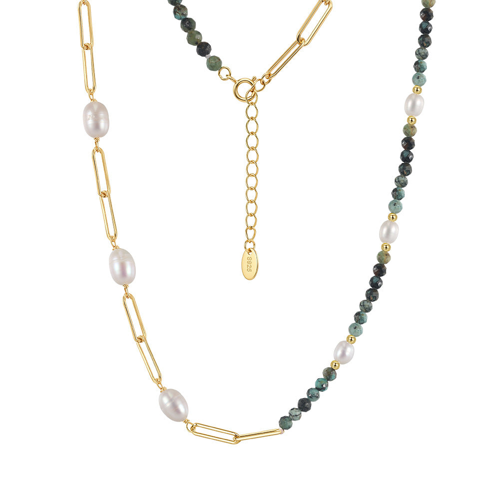Gold Paperclip Chain Necklace, Rice Shape Freshwater Pearls & African Turquoise Beaded Pearl Necklace