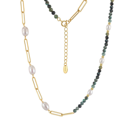 Gold Paperclip Chain Necklace, Rice Shape Freshwater Pearls & African Turquoise Beaded Pearl Necklace