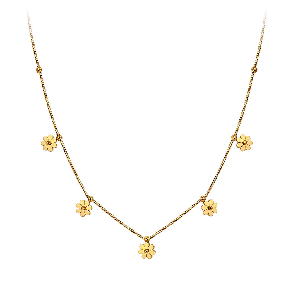 Gold Stainless Steel Flower Satellite Necklace, Multi Daisy Floral Charm & Tiny Bead Box Chain Choker