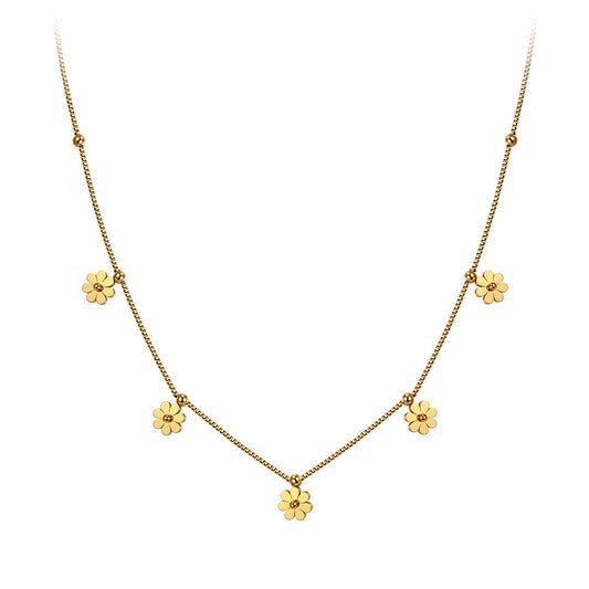 Gold Stainless Steel Flower Satellite Necklace, Multi Daisy Floral Charm & Tiny Bead Box Chain Choker