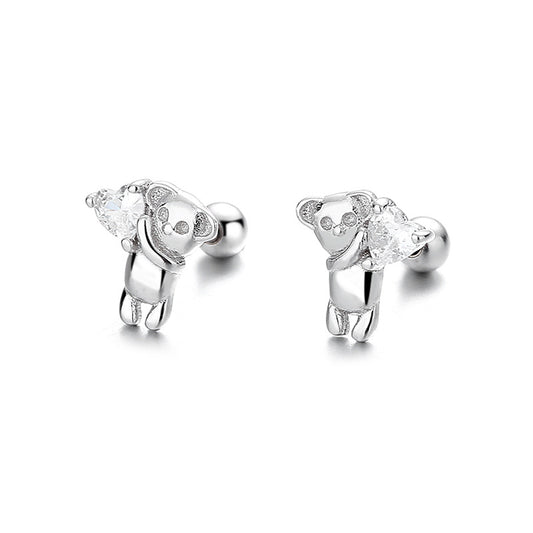 925 Sterling Silver Bear Screw Back Stud Earrings