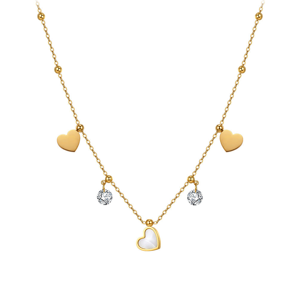 Gold Stainless Steel Heart Station Necklace, Solid Heart Charms, Bezel Set Clear CZ & Tiny Gold Ball Accents on Thin Rolo Chain
