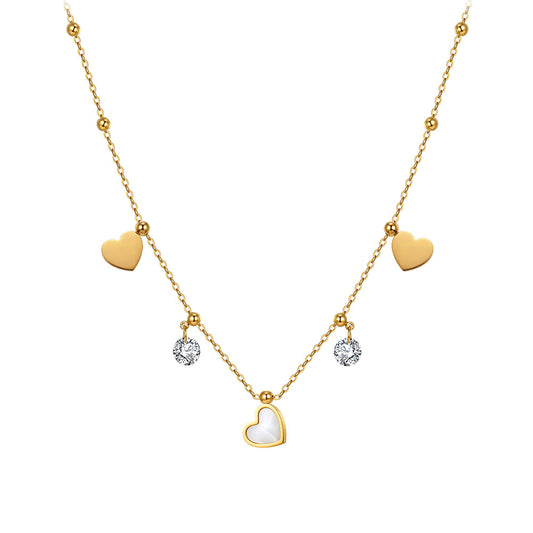 Gold Stainless Steel Heart Station Necklace, Solid Heart Charms, Bezel Set Clear CZ & Tiny Gold Ball Accents on Thin Rolo Chain