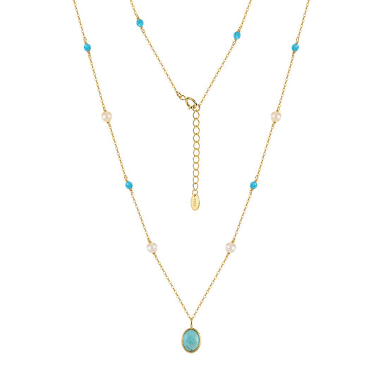 Gold Plated Layered Beaded Necklace, Natural White Pearls & Turquoise Gemstone Dainty Pearl Chain