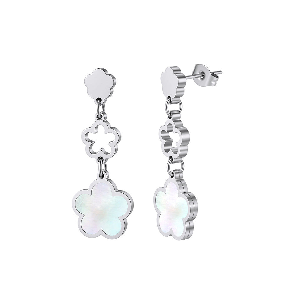 Silver Stainless Steel Triple Clover Drop Earrings With Natural Mother Of Pearl Inlay