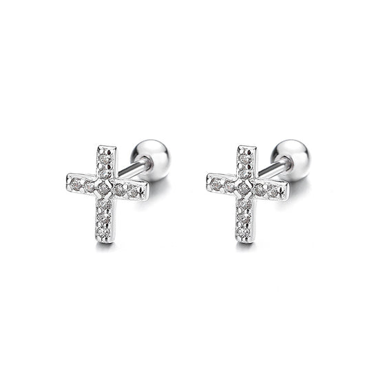 925 Sterling Silver Cross Screw Back Stud Earrings