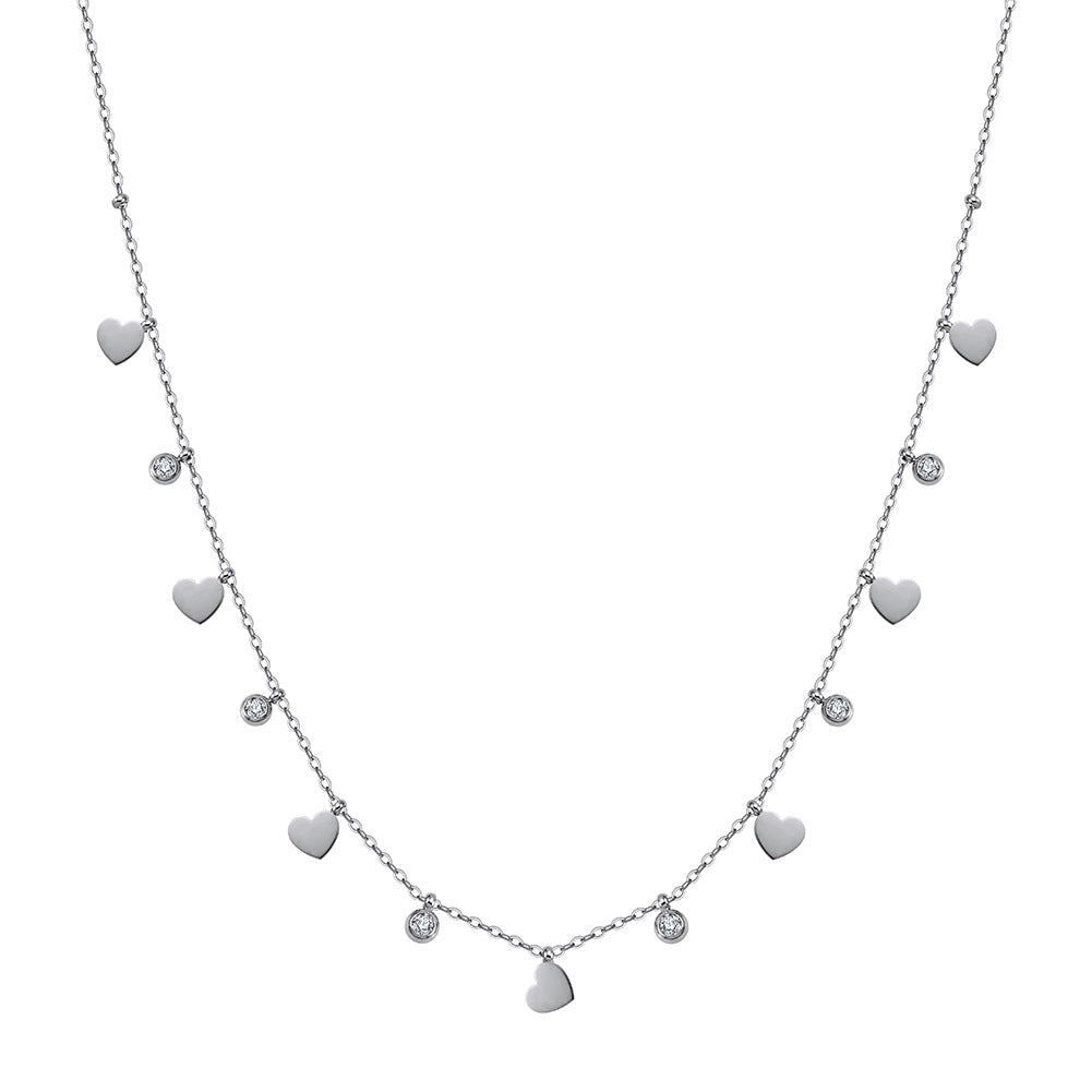 Gold Stainless Steel Heart Station Necklace, Dainty Solid Heart Charms with Tiny Bezel CZ Drops, Delicate Rolo Chain