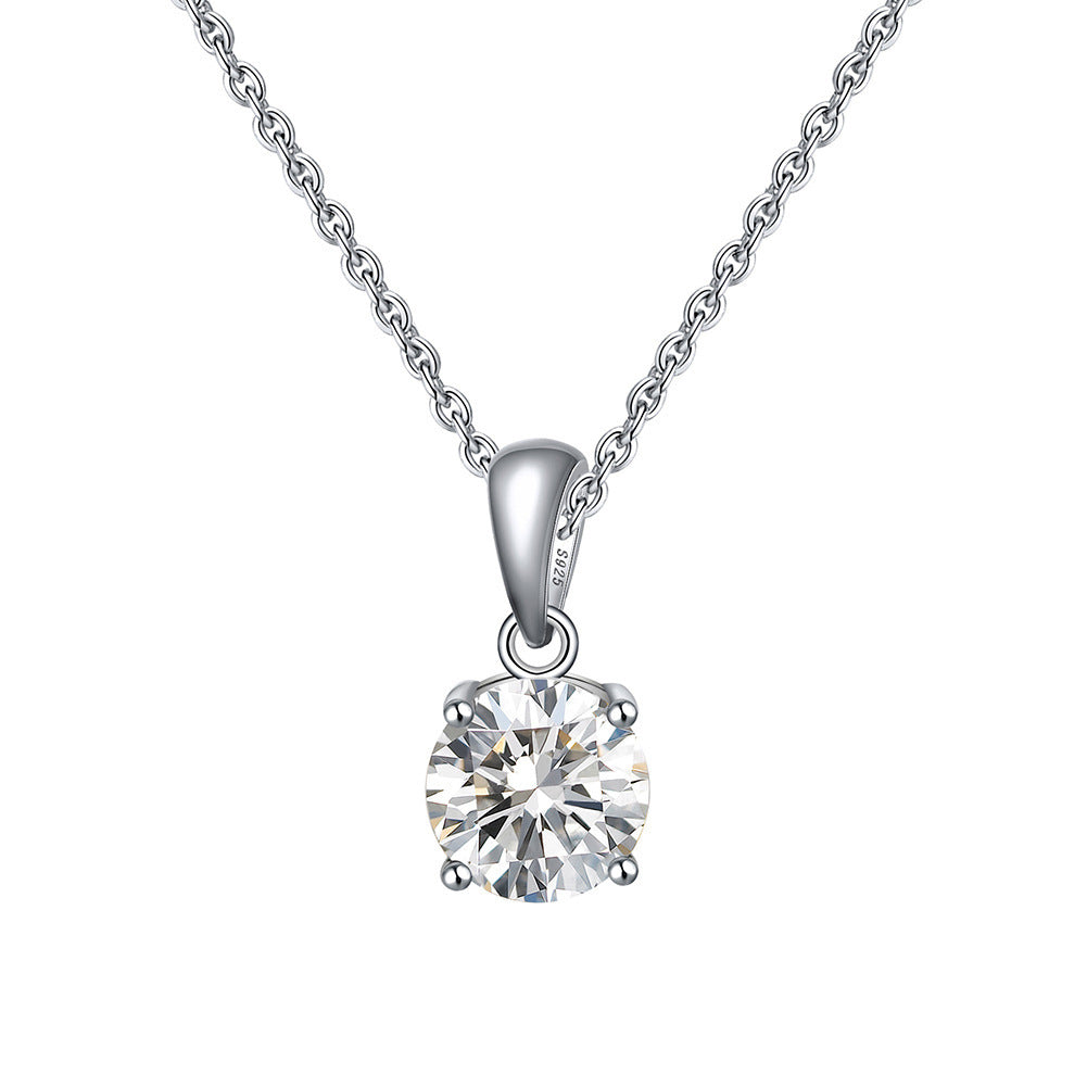 Silver Stainless Steel Round Brilliant Cut CZ Solitaire Pendant Necklace, 4 Prong Simple Cable Chain