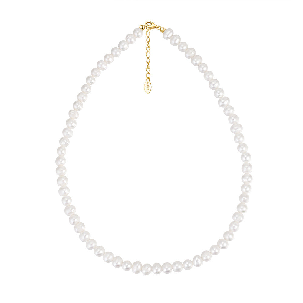 Gold Round Freshwater Pearl Necklace, Smooth Near Round Lustrous Pearl Full Beaded Choker with Extension Chain