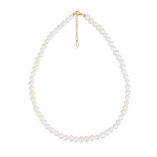 Gold Round Freshwater Pearl Necklace, Smooth Near Round Lustrous Pearl Full Beaded Choker with Extension Chain