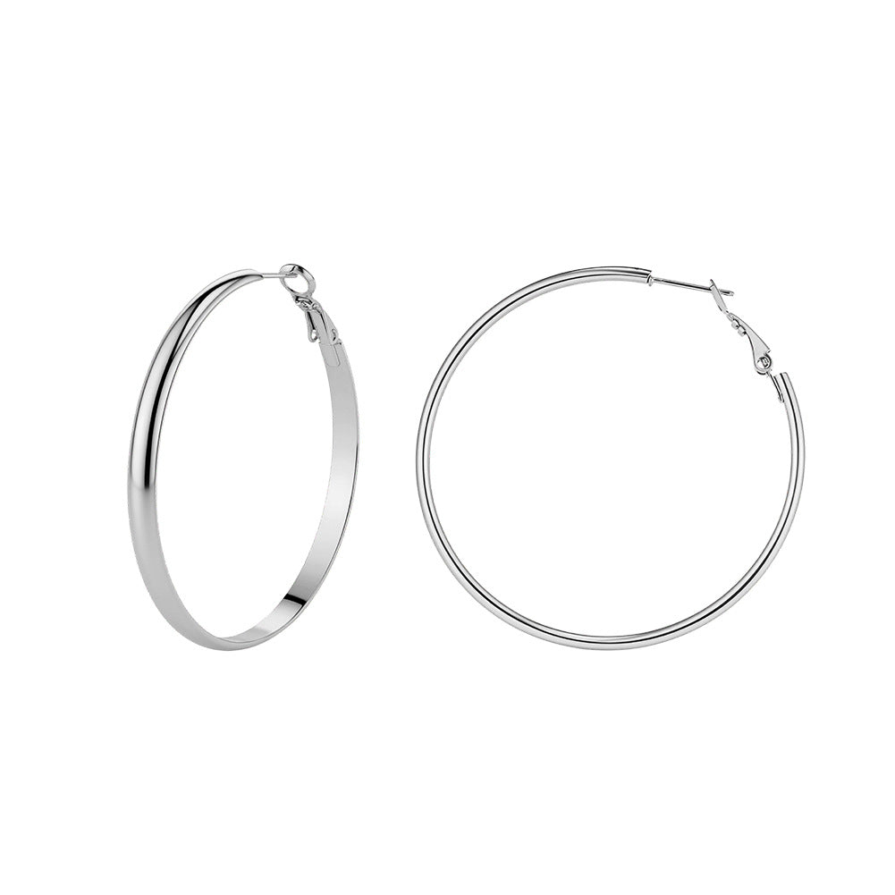 Silver Tone Stainless Steel Flat Wide Large Hoop Earrings