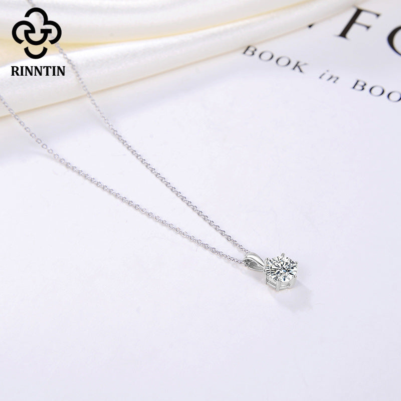 Silver Stainless Steel 6-Prong Round CZ Solitaire Necklace, Single Clear Round Cubic Zirconia Pendant Thin Rolo Chain