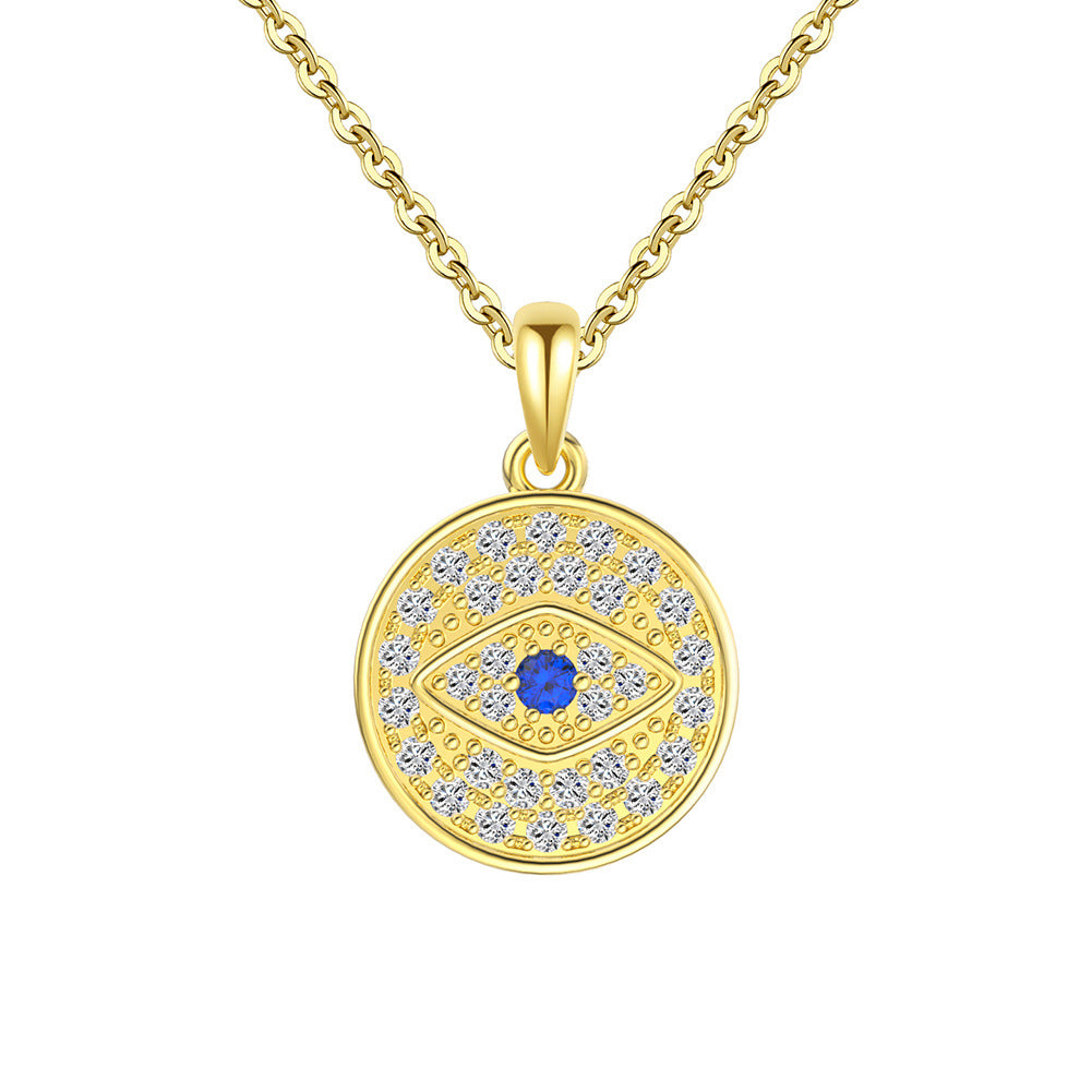 Gold Stainless Steel Evil Eye Round Coin Pendant Necklace, Paved Blue & White CZ Medallion Necklace