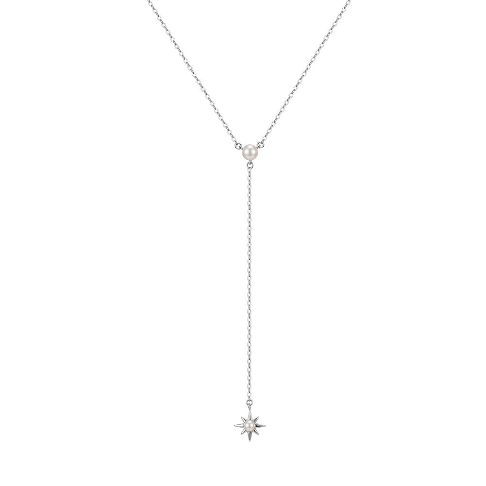 Silver Stainless Steel Starburst Pearl Y Necklace, Single White Pearl North Star Charm Lariat Chain