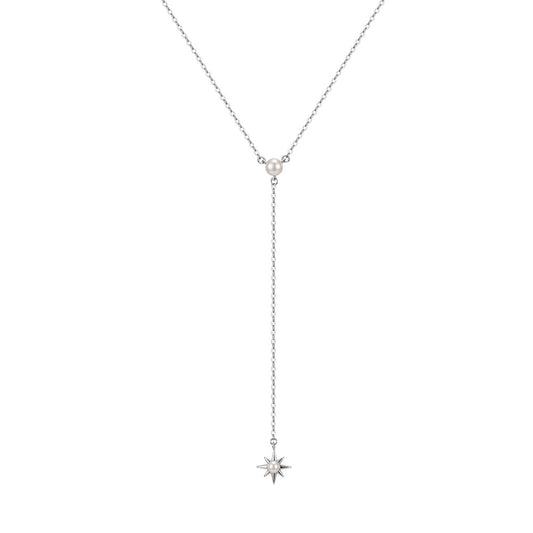 Silver Stainless Steel Starburst Pearl Y Necklace, Single White Pearl North Star Charm Lariat Chain