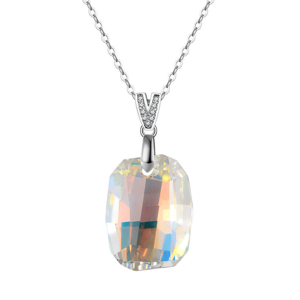 Silver Stainless Steel AB Color Spike Crystal Pendant Necklace, Aurora Borealis Cone Crystal with Paved CZ Bail