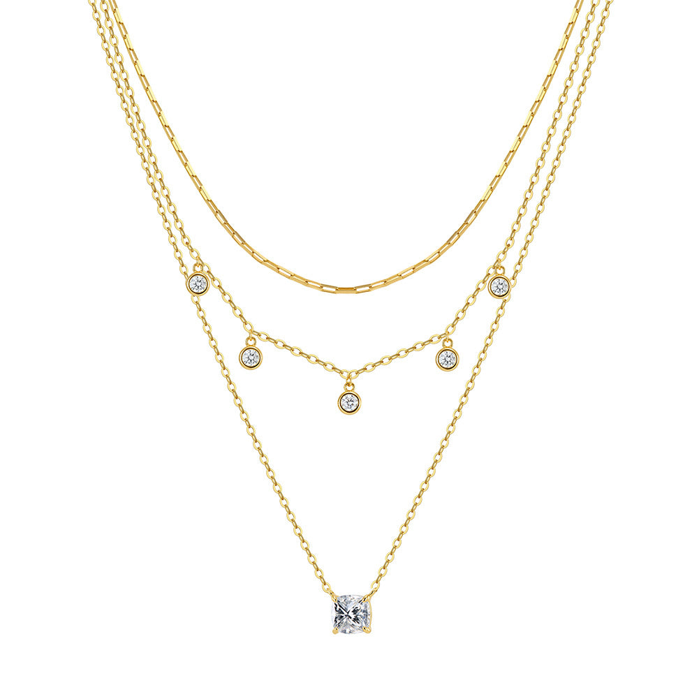 Gold Stainless Steel 3 Layer Stacked Necklace, Bezel CZ Station & Square CZ Pendant Triple Chain Set
