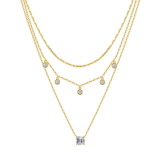Gold Stainless Steel 3 Layer Stacked Necklace, Bezel CZ Station & Square CZ Pendant Triple Chain Set