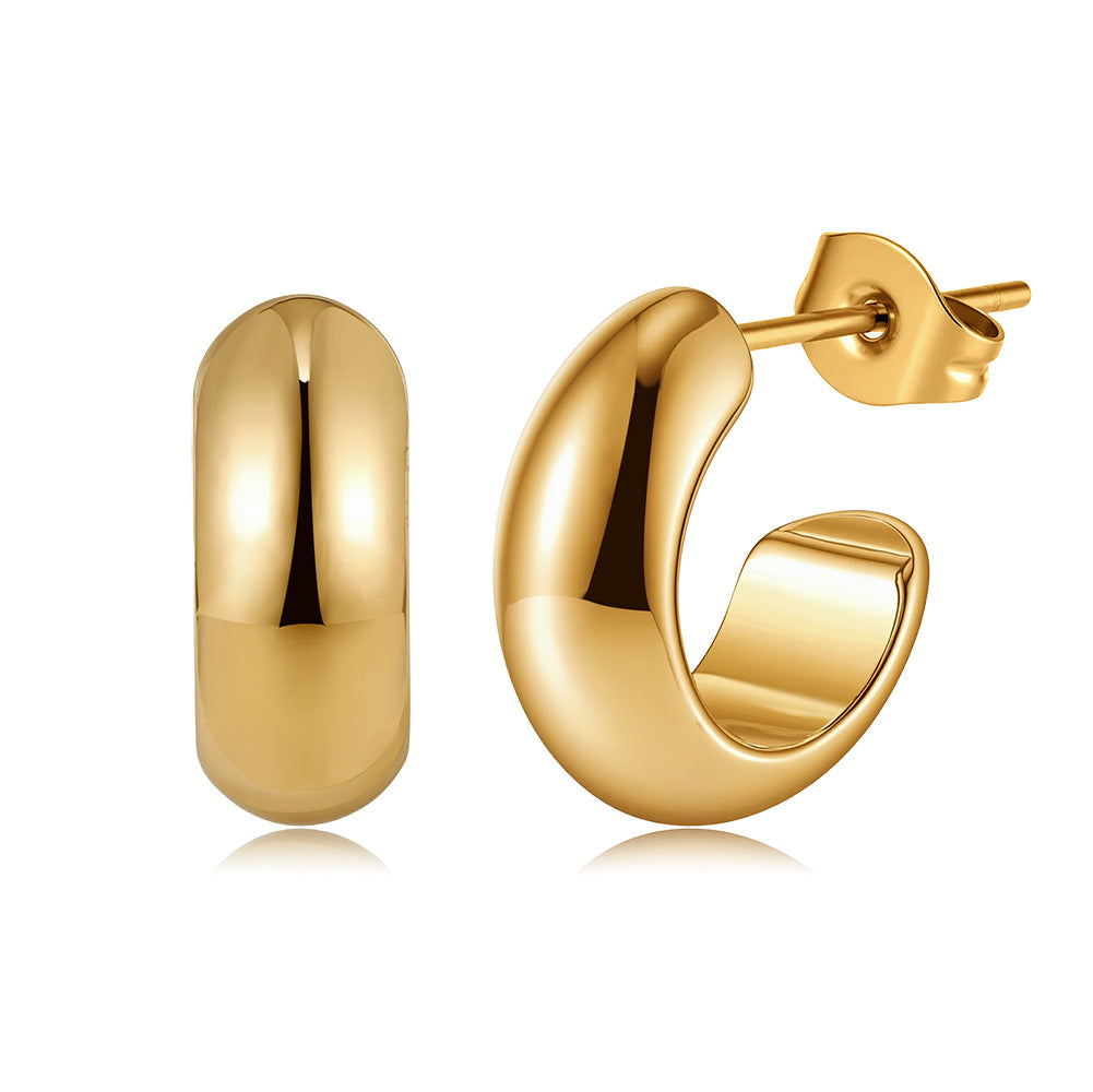 Gold Plated Stainless Steel Chunky Smooth Wide C-Shaped Hoop Stud Earrings