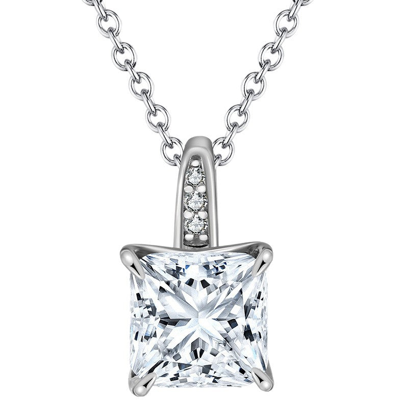 Silver Stainless Steel Princess Cut CZ Pendant Necklace, Large Square Cubic Zirconia Solitaire Charm on Rolo Cable Chain
