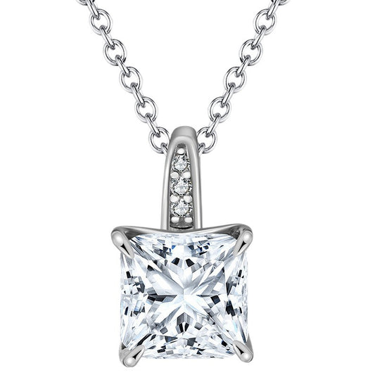 Silver Stainless Steel Princess Cut CZ Pendant Necklace, Large Square Cubic Zirconia Solitaire Charm on Rolo Cable Chain
