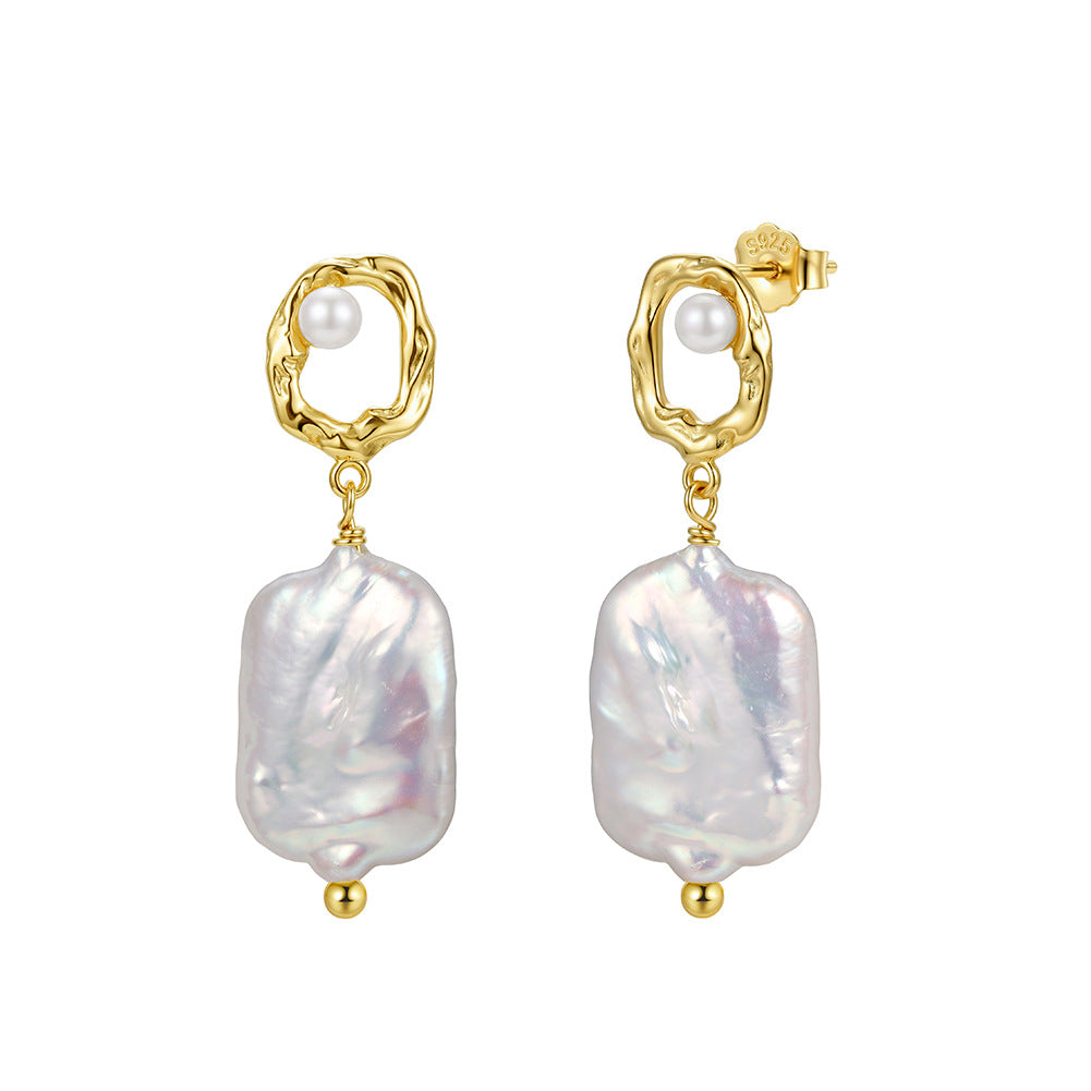 S925 Sterling Silver Irregular Hollow Frame Baroque Pearl Earrings, Small Round Pearl Accent Large Rectangle Baroque Freshwater Pearl Dangles