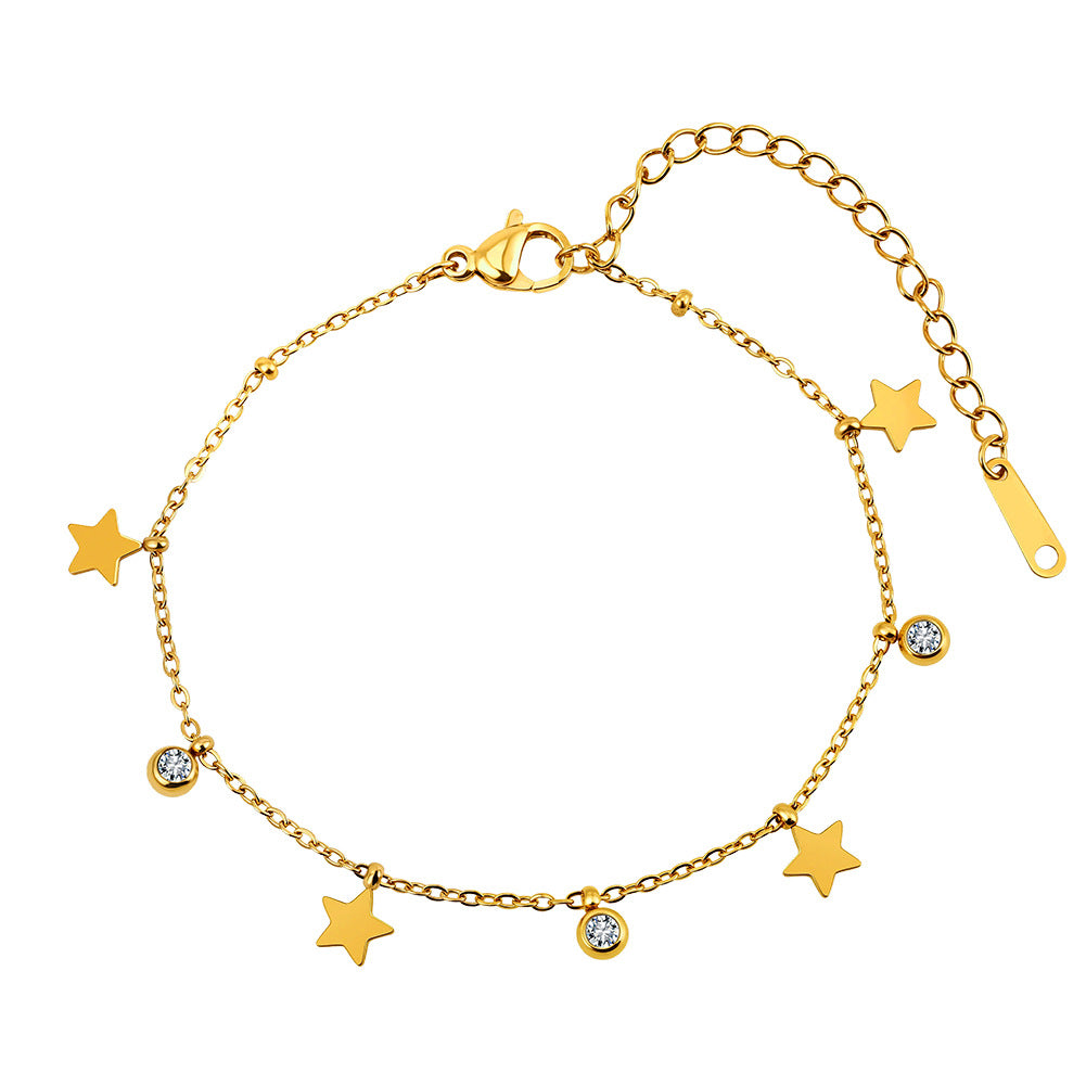 Gold Plated Stainless Steel Dainty Star Bracelet, 3 Star Charms & 3 Bezel Set Round CZ Stones, Adjustable Extension Chain