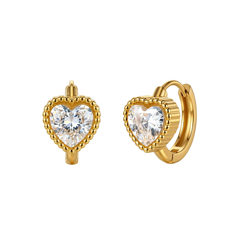 Gold Plated Stainless Steel Heart CZ Huggie Earrings with Beaded Milgrain Border