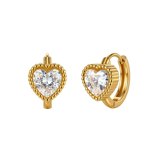 Gold Plated Stainless Steel Heart CZ Huggie Earrings with Beaded Milgrain Border