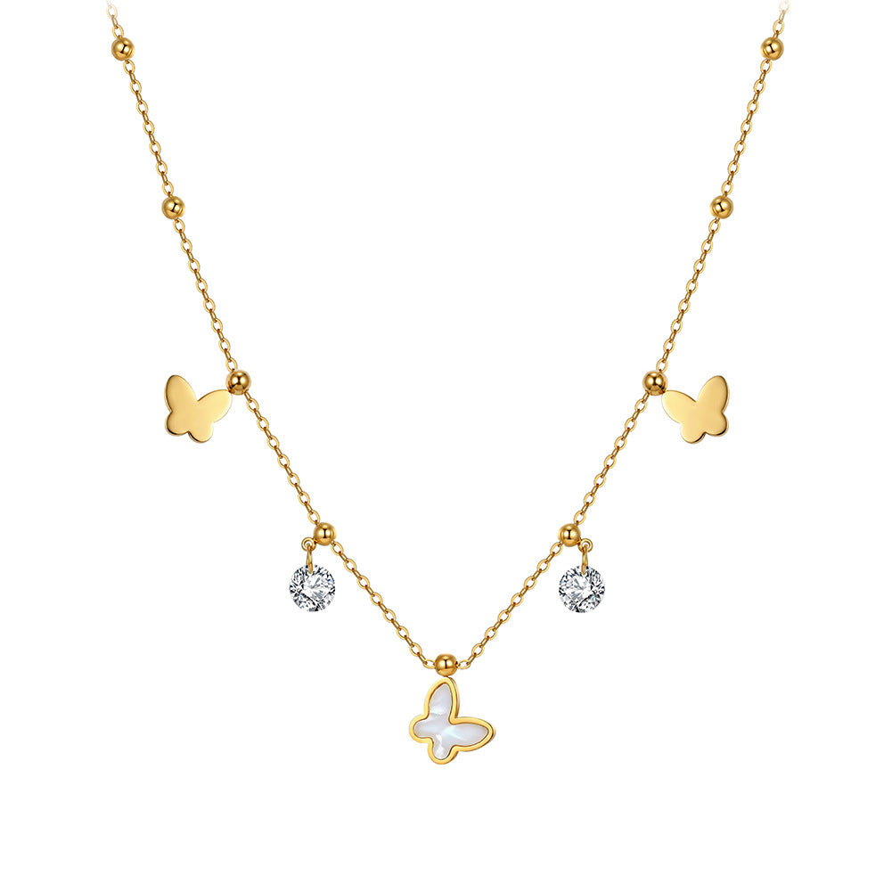 Gold Stainless Steel Butterfly Station Necklace, Solid Butterfly Charms, White Shell Inlay Butterfly Pendant with Clear CZ Drops