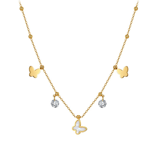 Gold Stainless Steel Butterfly Station Necklace, Solid Butterfly Charms, White Shell Inlay Butterfly Pendant with Clear CZ Drops