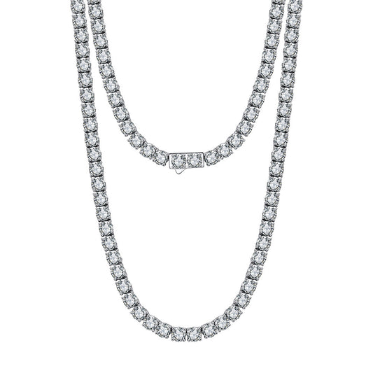 Silver Stainless Steel CZ Tennis Necklace, Round Cut Cubic Zirconia Full Stone Tennis Chain