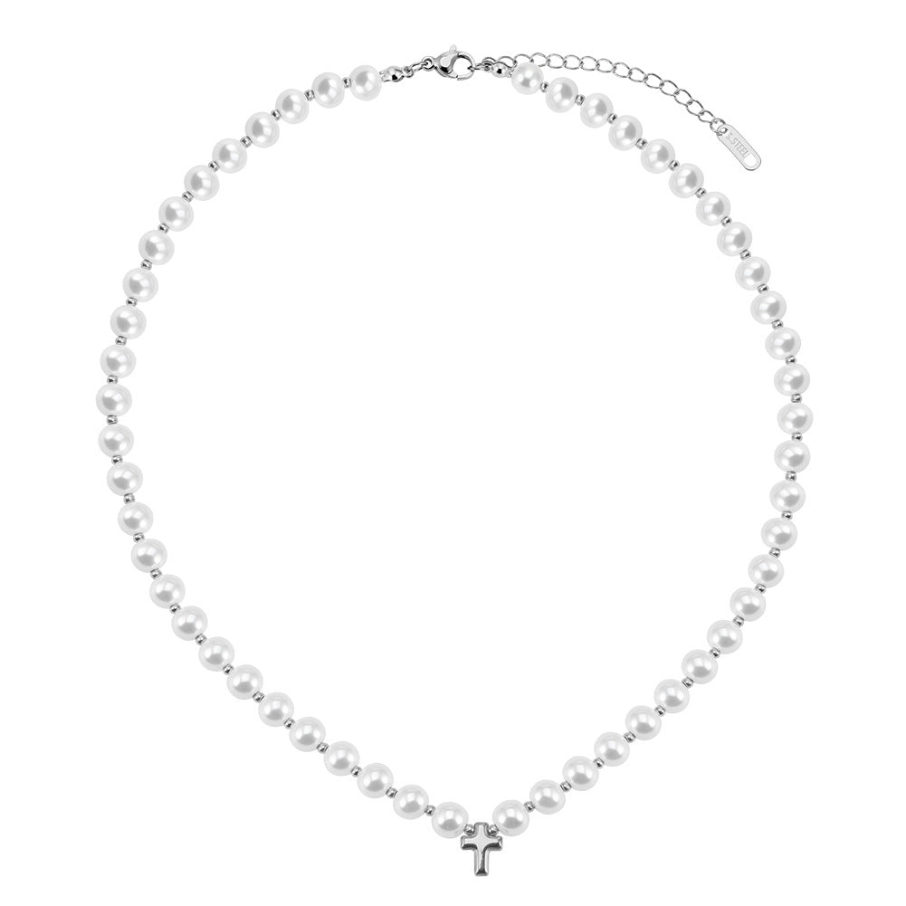 Silver Stainless Steel White Imitation Pearl Choker Necklace with Small Cross Pendant, Adjustable Extension Chain