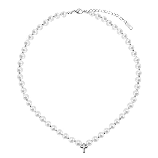Silver Stainless Steel White Imitation Pearl Choker Necklace with Small Cross Pendant, Adjustable Extension Chain