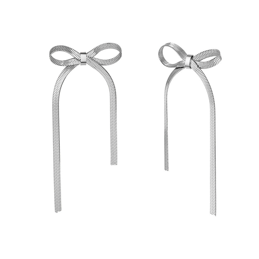 Silver Stainless Steel Snake Chain Bowknot Long Tassel Drop Earrings