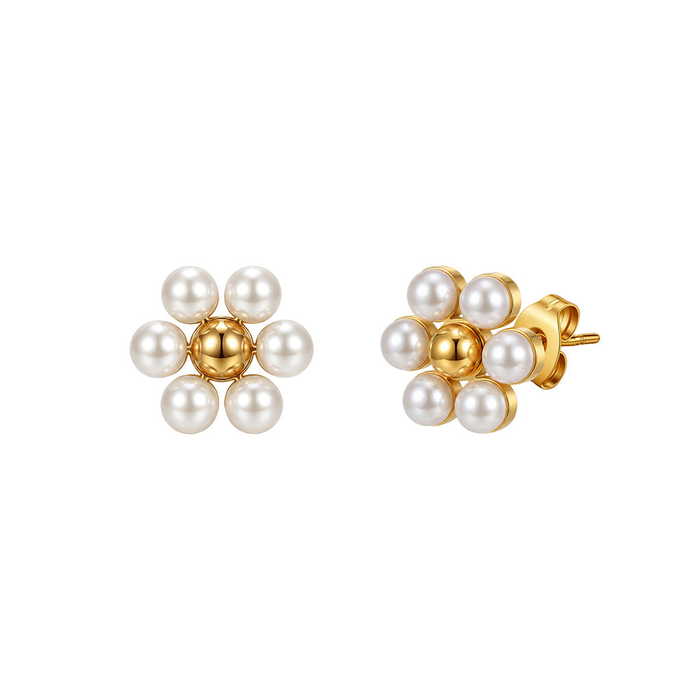 Gold Plated Stainless Steel Flower Shape Cluster Pearl Stud Earrings