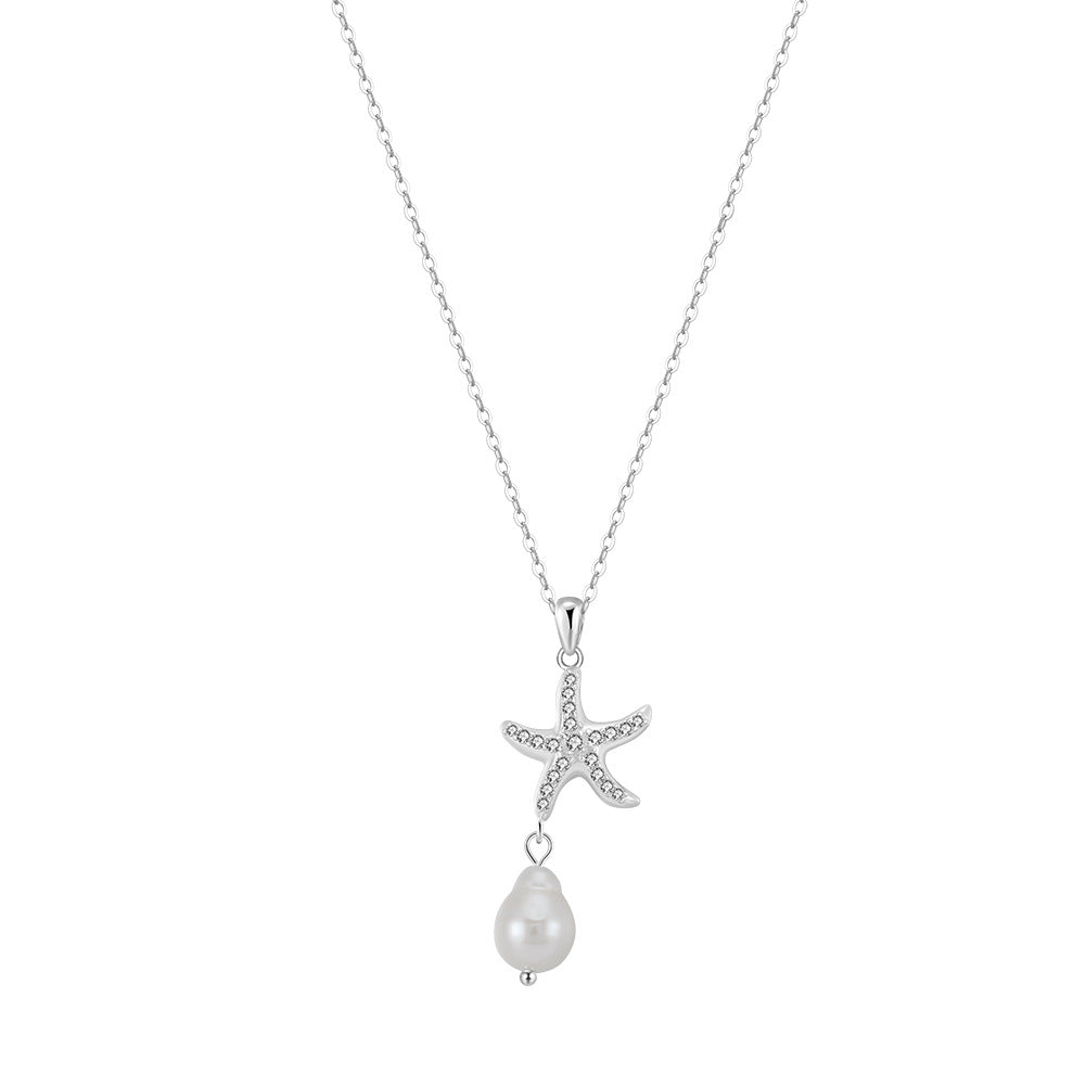 Starfish Pendant Freshwater Baroque Pearl Necklace, Sparkling CZ & Irregular Lustre Pearl Silver Chain