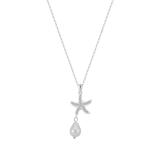 Starfish Pendant Freshwater Baroque Pearl Necklace, Sparkling CZ & Irregular Lustre Pearl Silver Chain