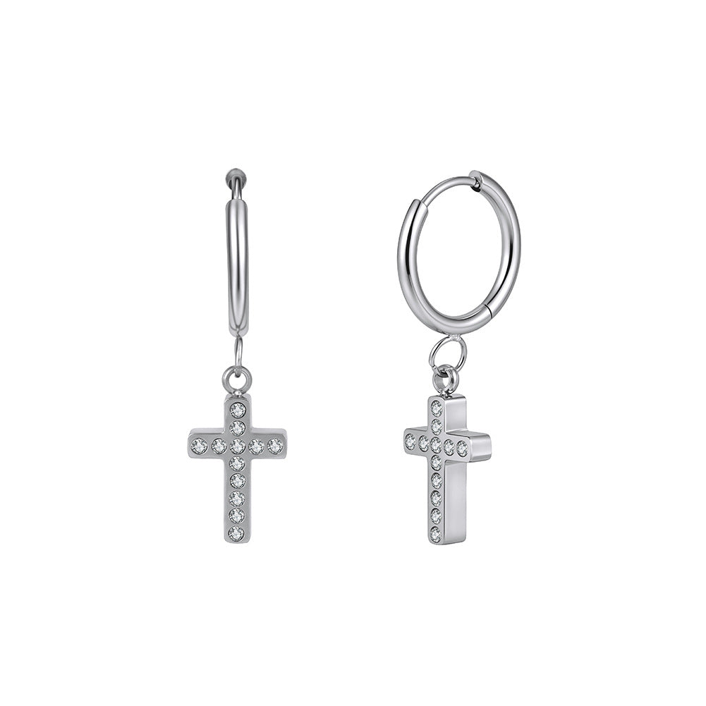 Silver Stainless Steel Cross CZ Charm Huggie Hoop Drop Earrings