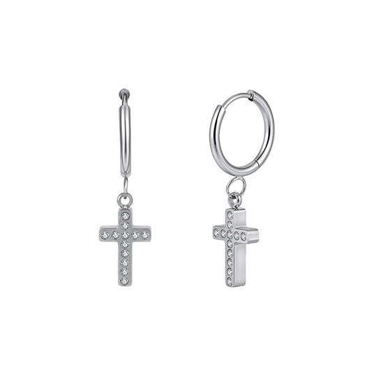 Silver Stainless Steel Cross CZ Charm Huggie Hoop Drop Earrings