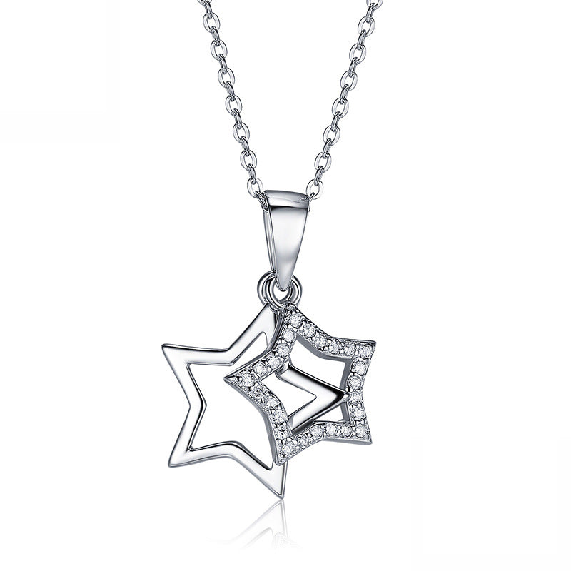 Silver Stainless Steel Interlocking Double Star Necklace, Hollow & Paved CZ Stacked Star Pendant Chain