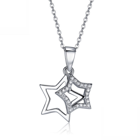 Silver Stainless Steel Interlocking Double Star Necklace, Hollow & Paved CZ Stacked Star Pendant Chain