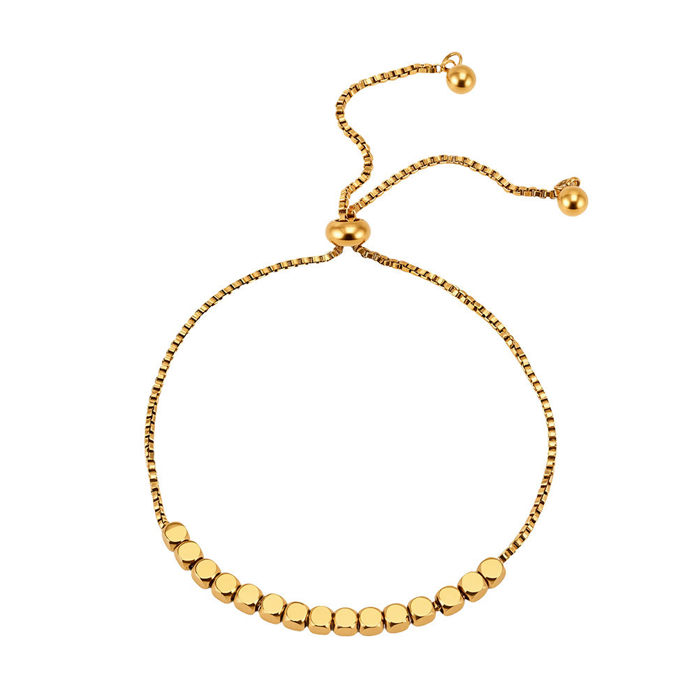 Gold Plated Stainless Steel Adjustable Slider Box Chain Bracelet, Small Cube Beads, Pull Slide Clasp Design