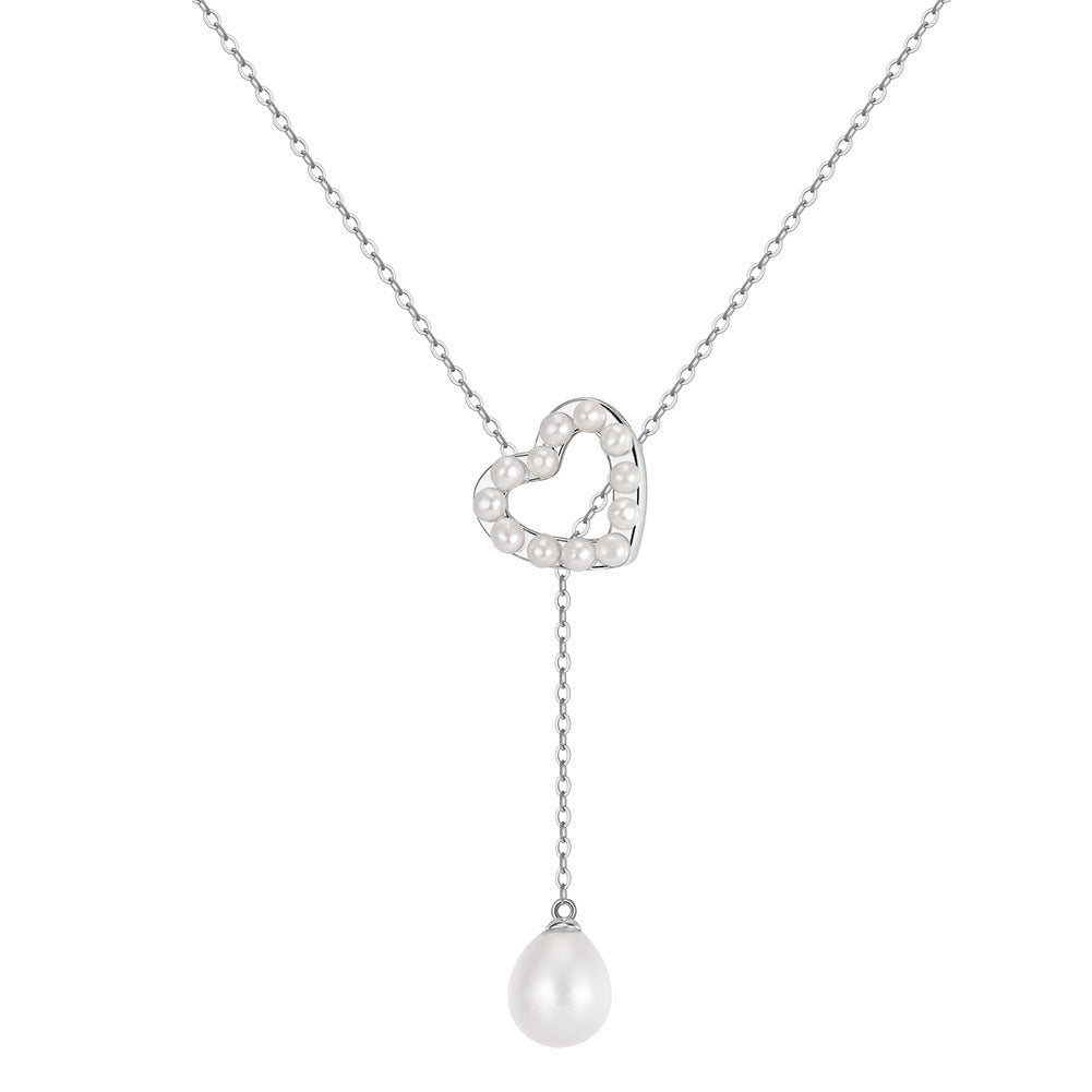 Hollow Heart Freshwater Pearl Lariat Necklace, Mini Pearls Set in Heart Frame with Teardrop Pearl Drop Pendant S925 Silver Chain
